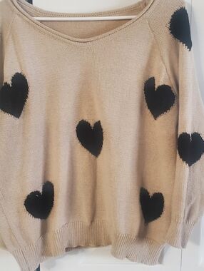 Heart Tan Sweater Black Hearts. Long Sleeve Sweater. Cover Up Beach. XL